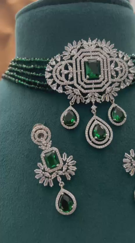 Emerald Green Diamond Choker Set with Statement Earrings
